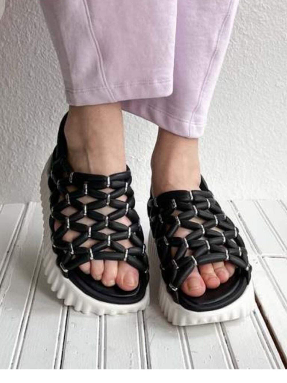 4CCCCEES Waffo Pineapple Platform Sandals Black White Size US 7.5-8 (EU 38)